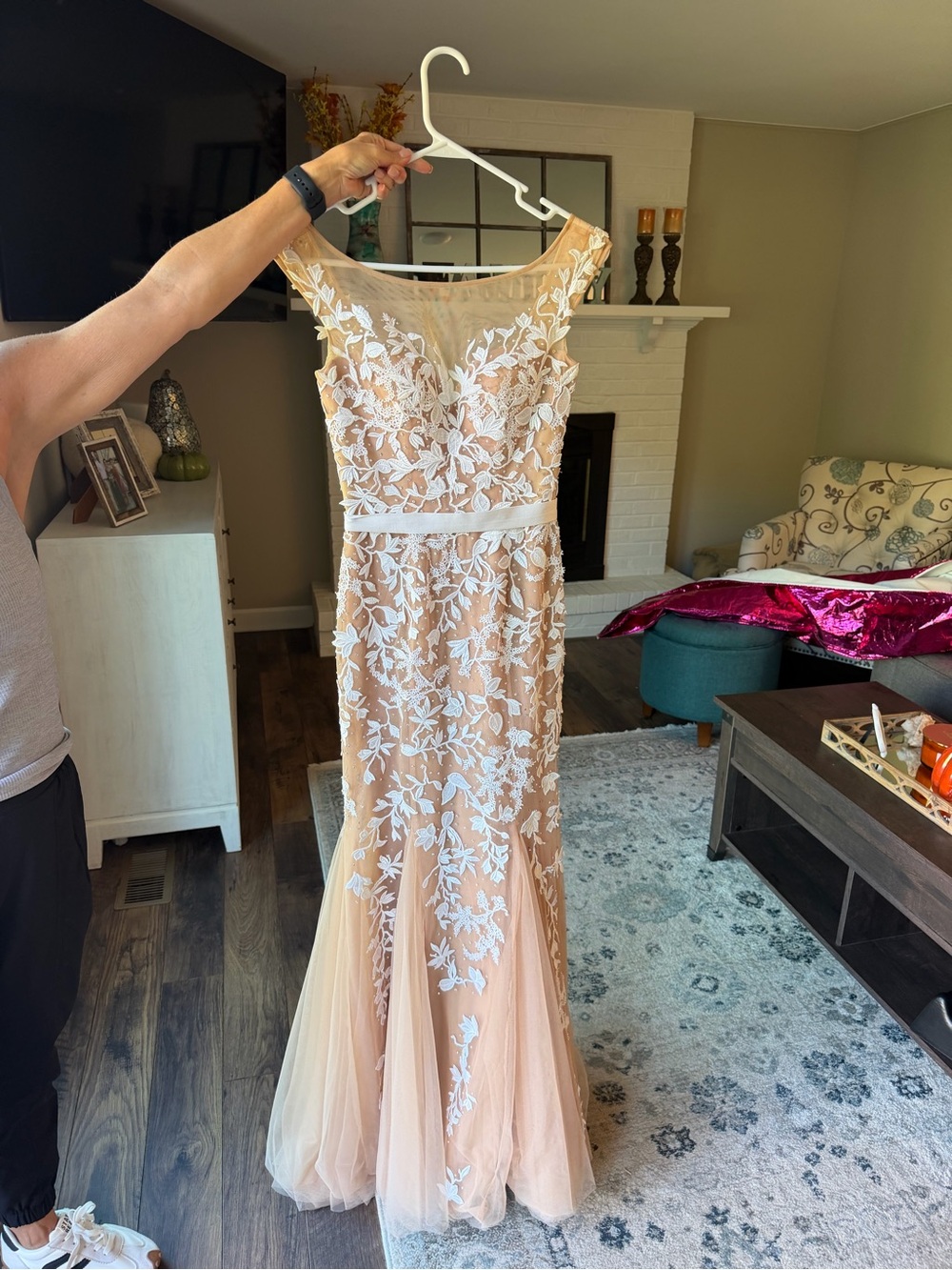 Sherri Hill Nude and White Lace Appliqué Mermaid Gown